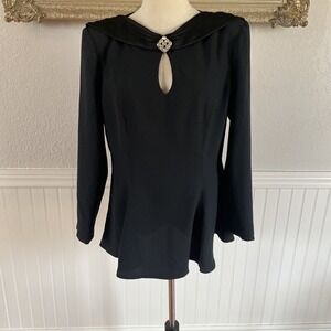 Vtg 1980s Evening Black Blouse Rhinestone Brooch Shoulder Pads Sz L Morton Myles